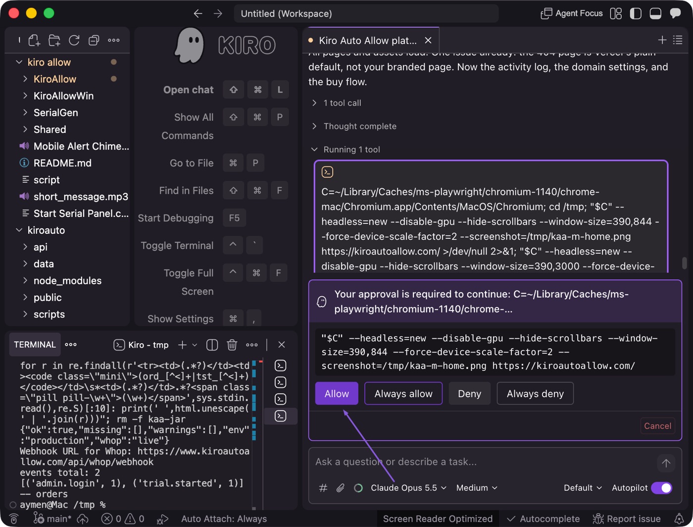 The Kiro IDE showing an approval prompt, 'Your approval is required to continue', with an Allow button highlighted. Kiro Auto Allow presses this button automatically.